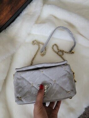 Light Gray Quilted Crossbody Bag with Gold Chain Strap